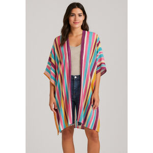 Colorful Striped Kimono Cover Up One Size Sheer Caftan Topper 41” Long Unbranded